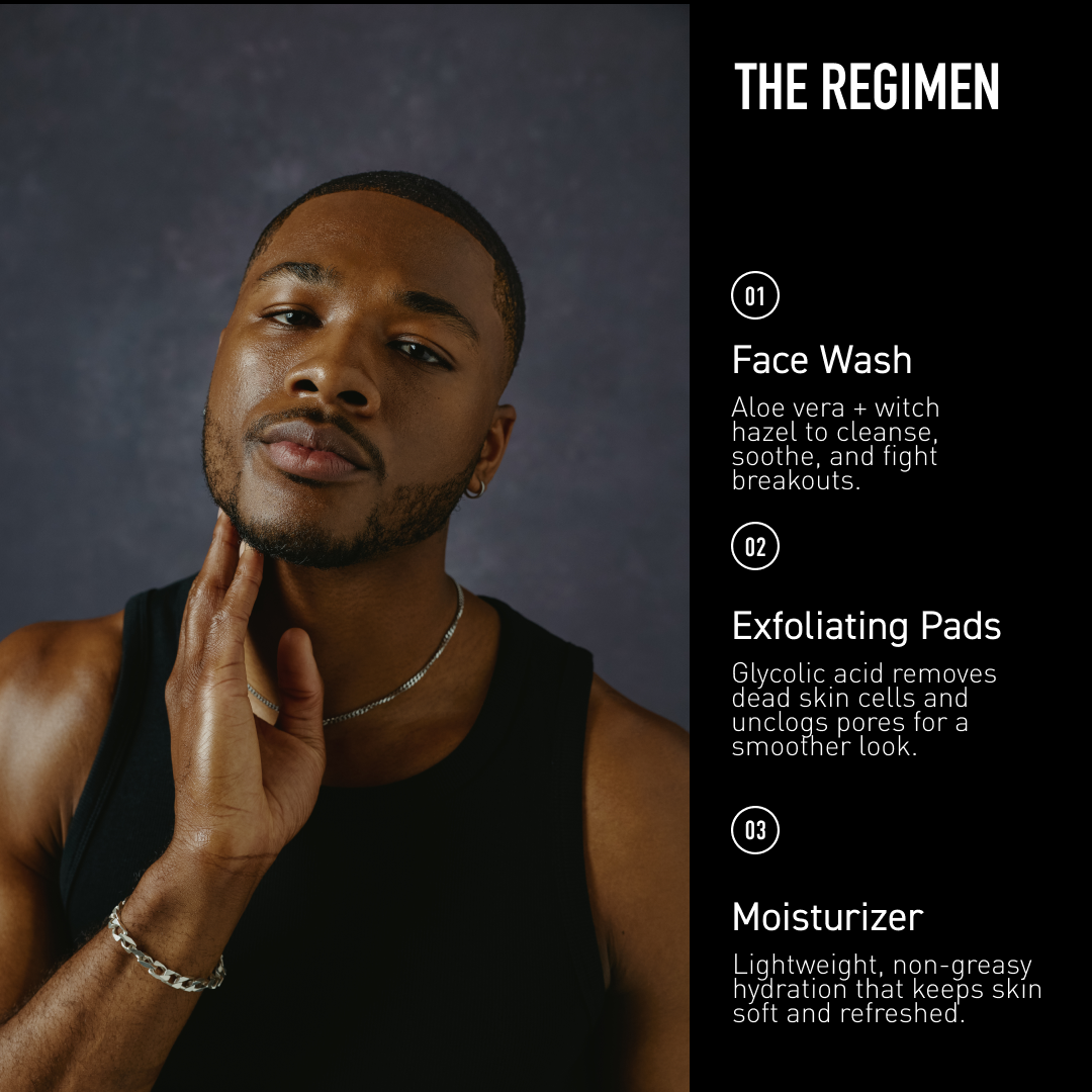 Man touching his face with a skincare product list on the right